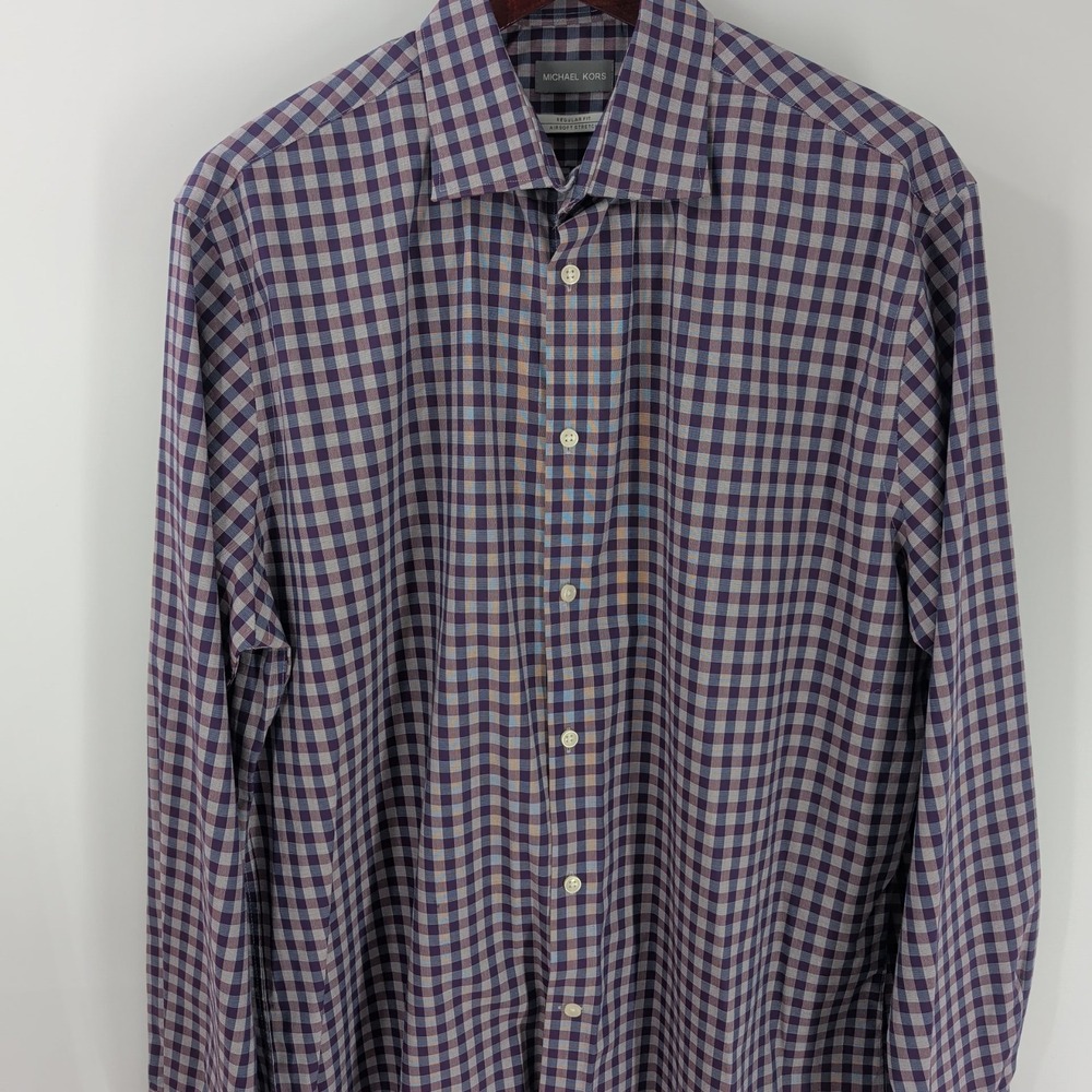 Michael Kors Airsoft Stretch Long Sleeve Check Button Up Shirt Purple 17 34x35 - Picture 3 of 9